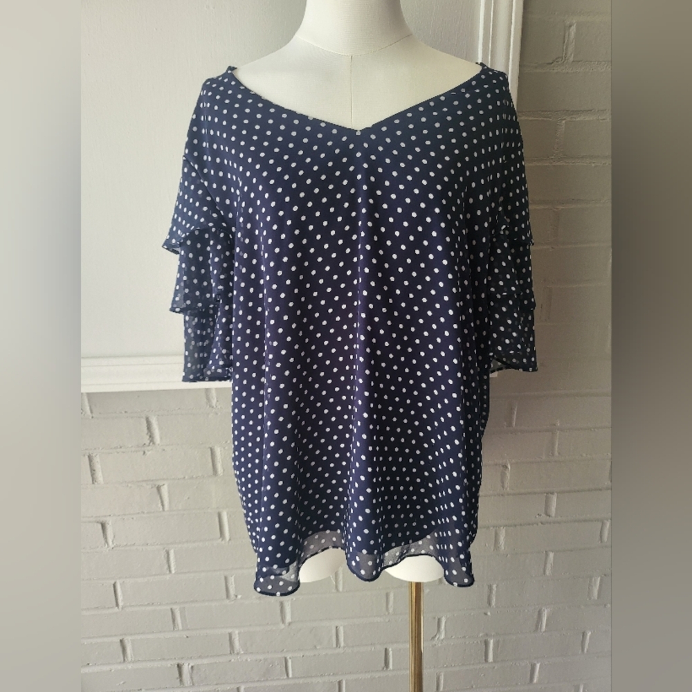 Calvin Klein Navy and White Polka Dot Blouse